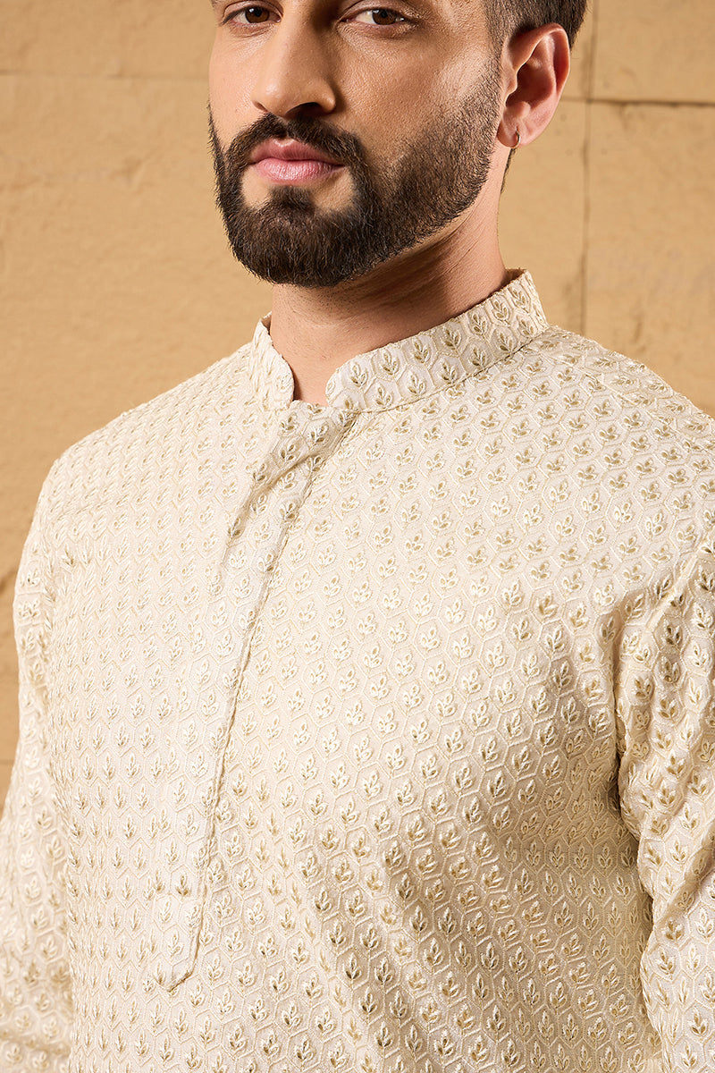 Off White Polyester Embroidered Mandarin Collar Straight Kurta MKU1126
