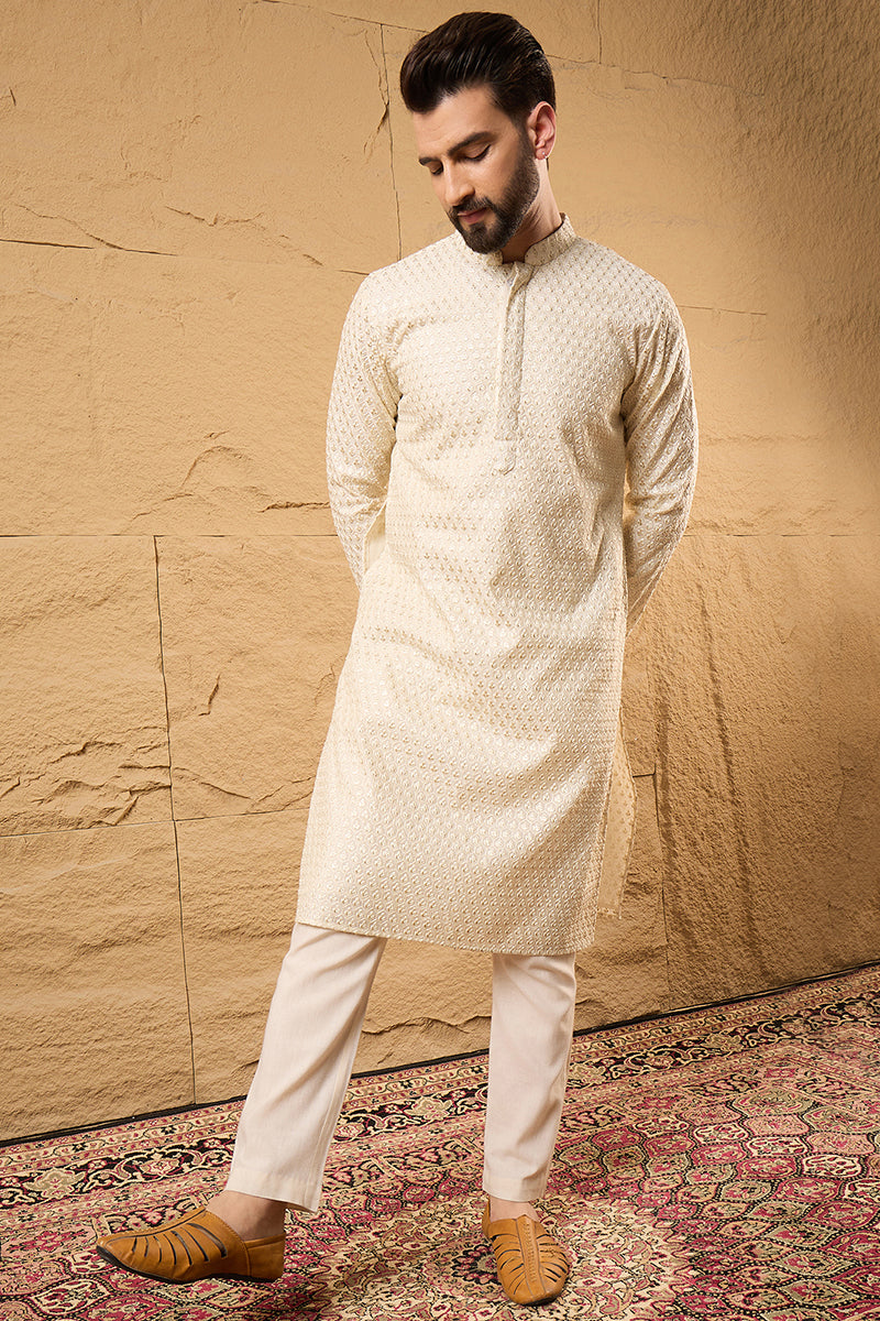 Off White Polyester Embroidered Mandarin Collar Straight Kurta MKU1126
