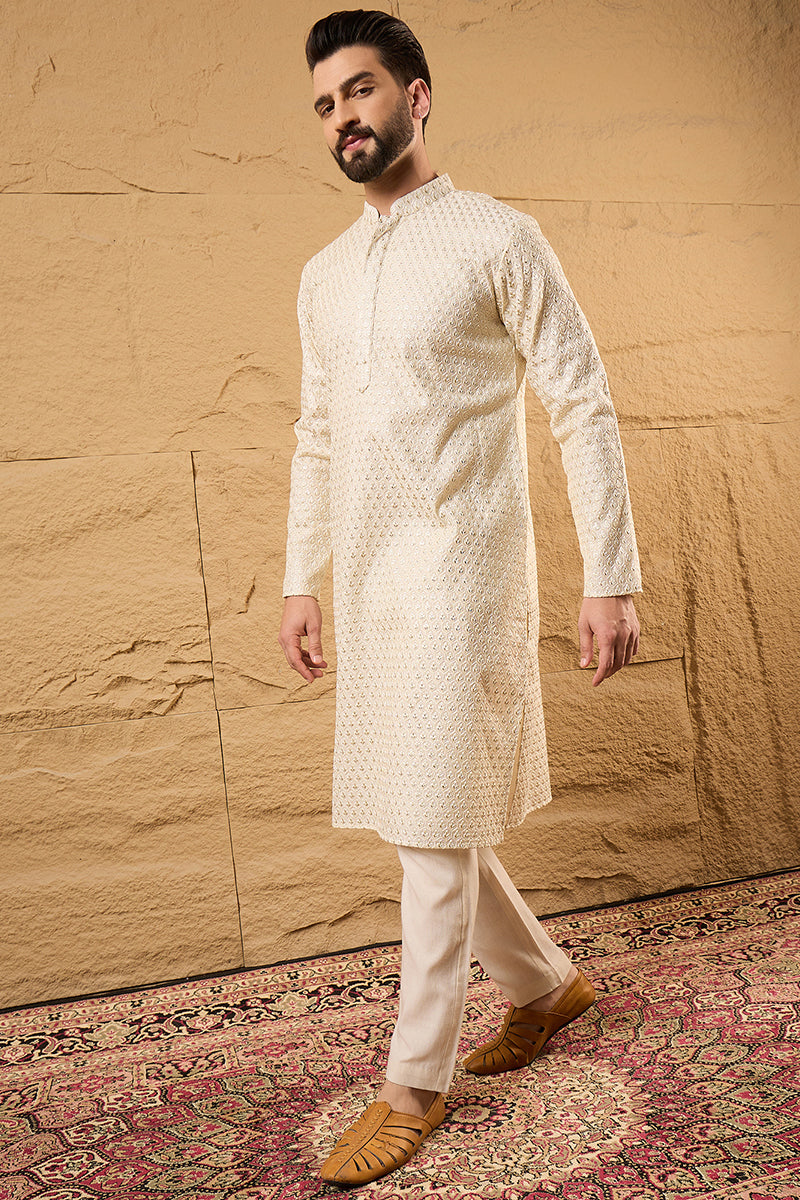 Off White Polyester Embroidered Mandarin Collar Straight Kurta MKU1126