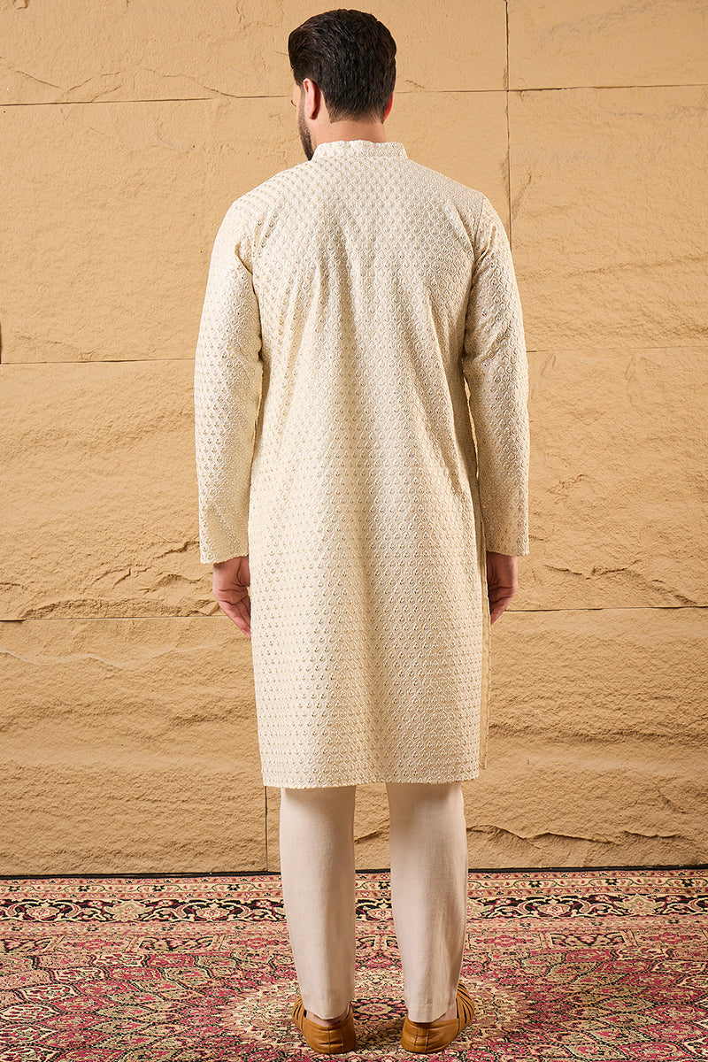 Off White Polyester Embroidered Mandarin Collar Straight Kurta MKU1126
