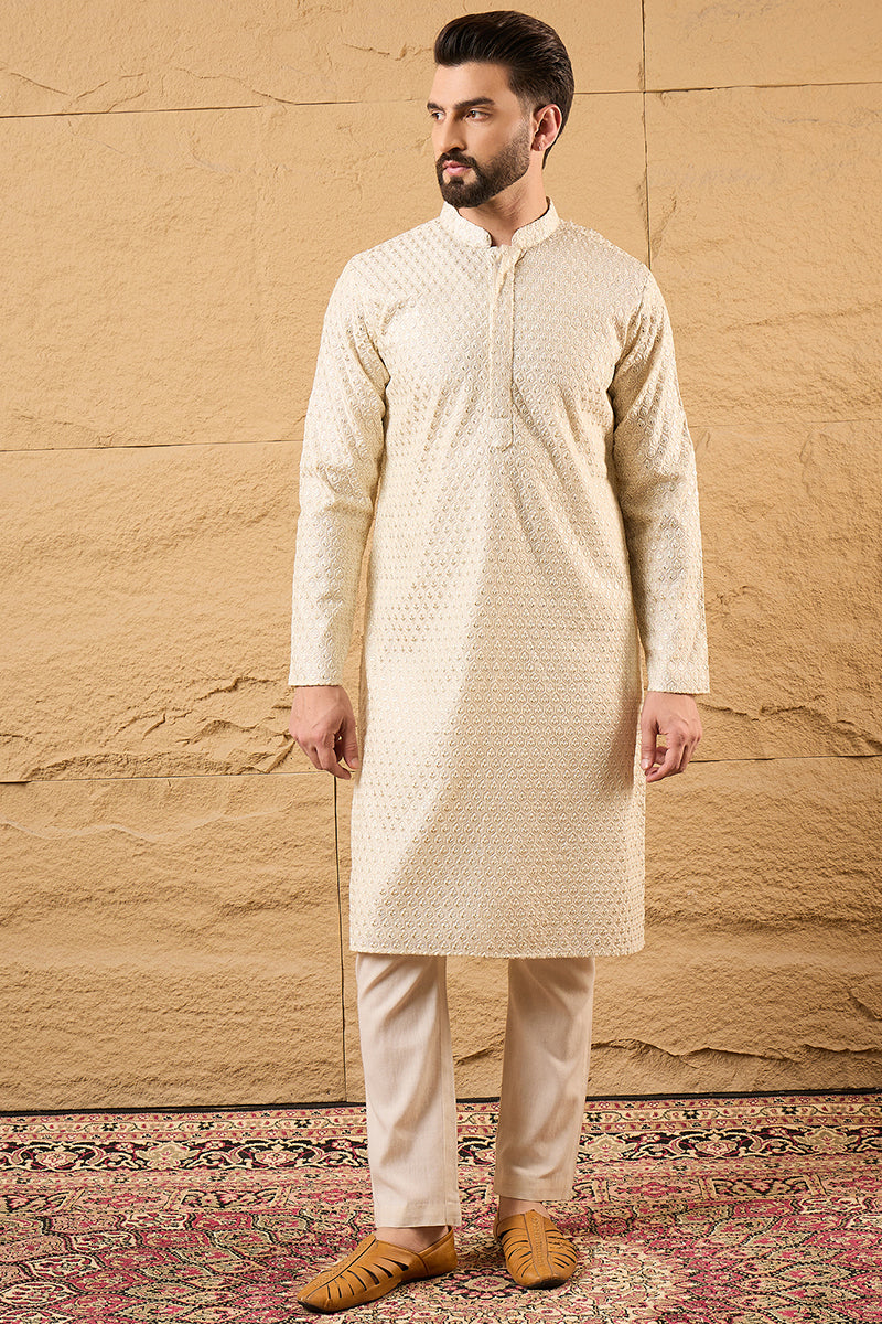 Off White Polyester Embroidered Mandarin Collar Straight Kurta MKU1126