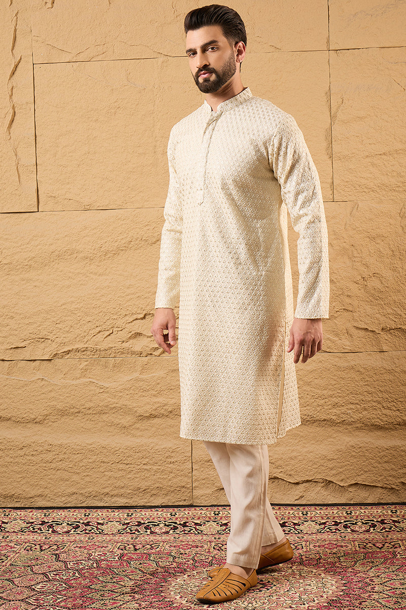 Off White Polyester Embroidered Mandarin Collar Straight Kurta MKU1126