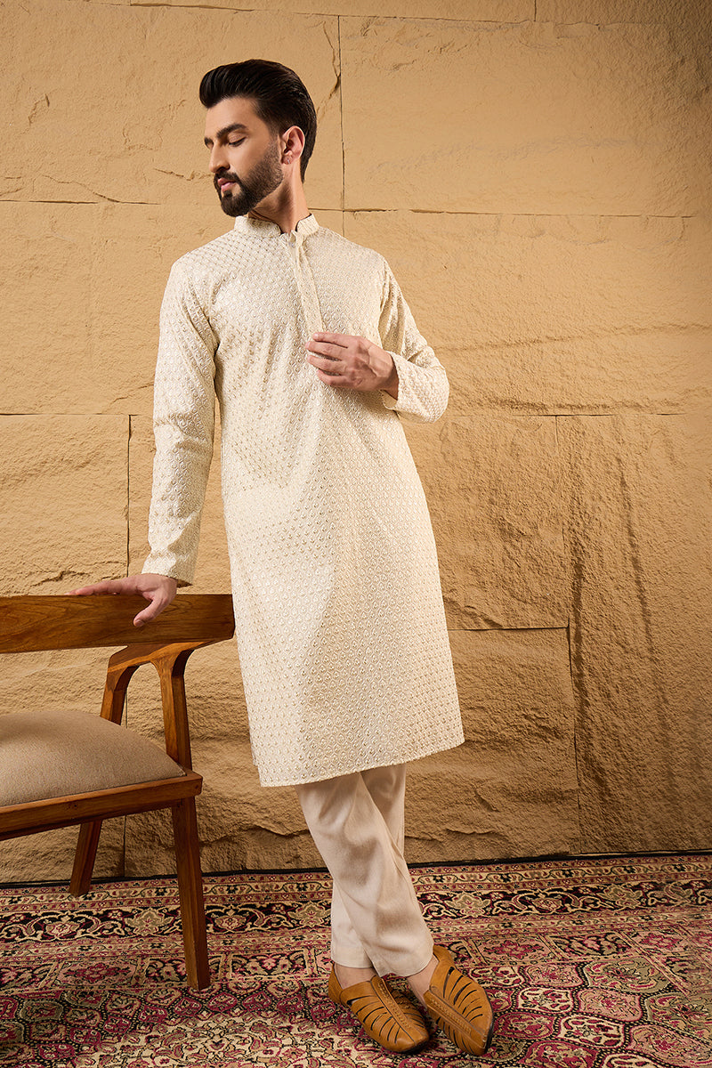 Off White Polyester Embroidered Mandarin Collar Straight Kurta MKU1126