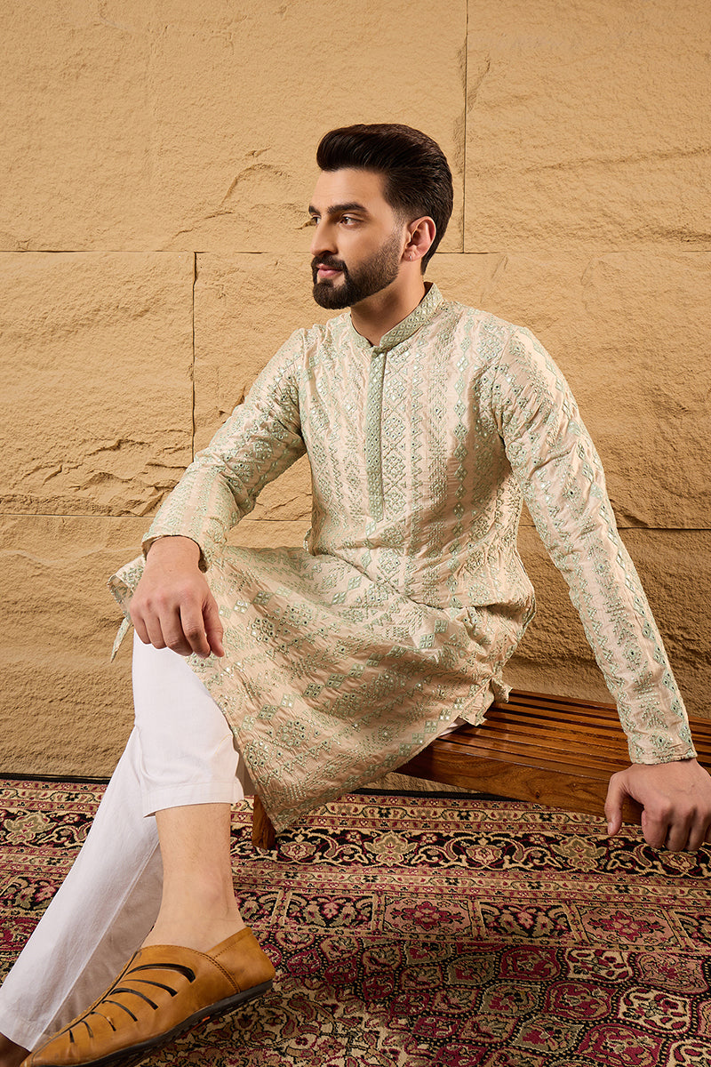 Off White Silk Blend Embroidered Indian Wear for Men MKU1127 | DesiQlo