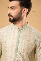 Off White Silk Blend Embroidered Mandarin Collar Straight Kurta MKU1127