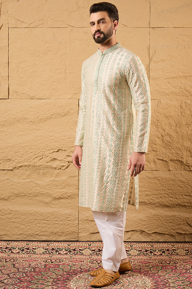 Off White Silk Blend Embroidered Mandarin Collar Straight Kurta MKU1127