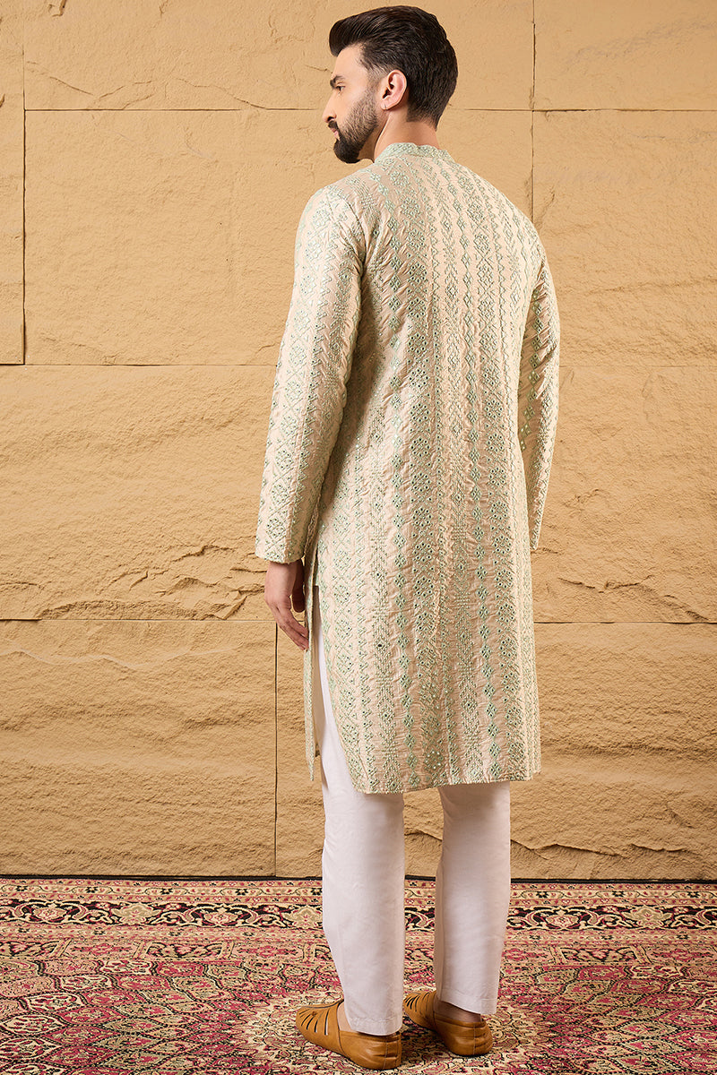 Off White Silk Blend Embroidered Mandarin Collar Straight Kurta MKU1127