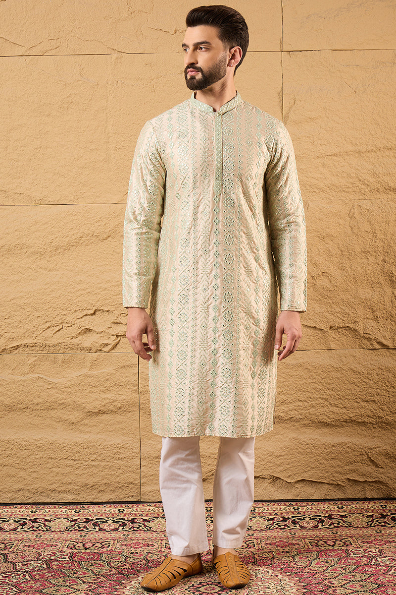 Off White Silk Blend Embroidered Mandarin Collar Straight Kurta MKU1127