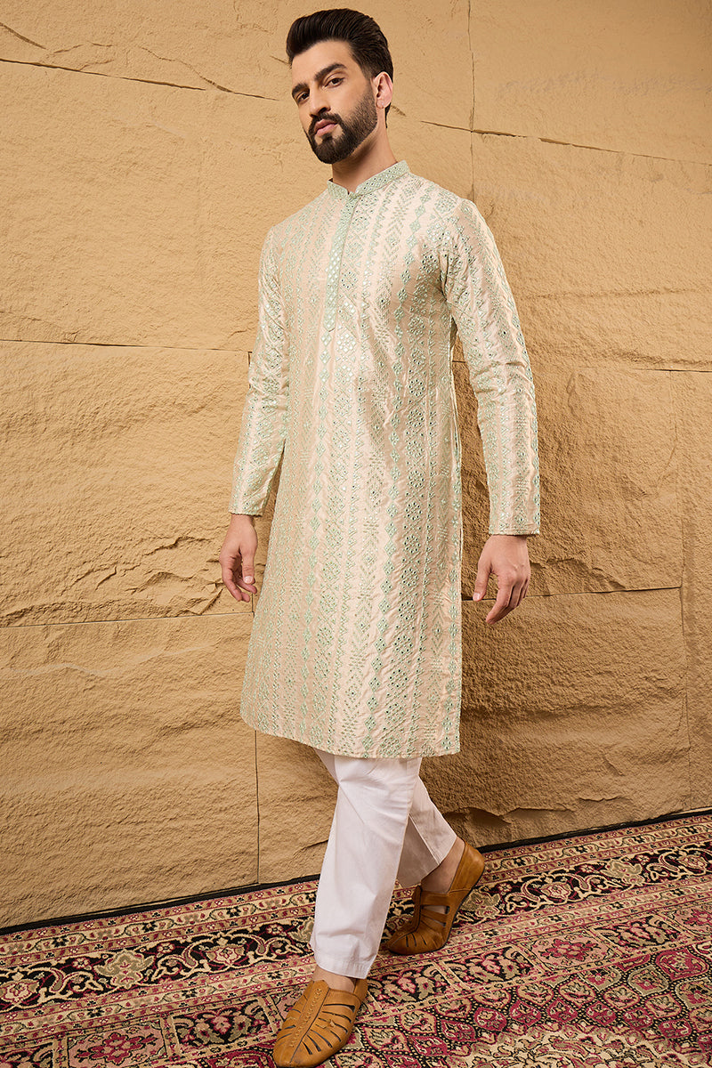 Off White Silk Blend Embroidered Mandarin Collar Straight Kurta MKU1127