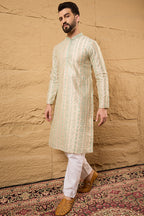Off White Silk Blend Embroidered Mandarin Collar Straight Kurta MKU1127