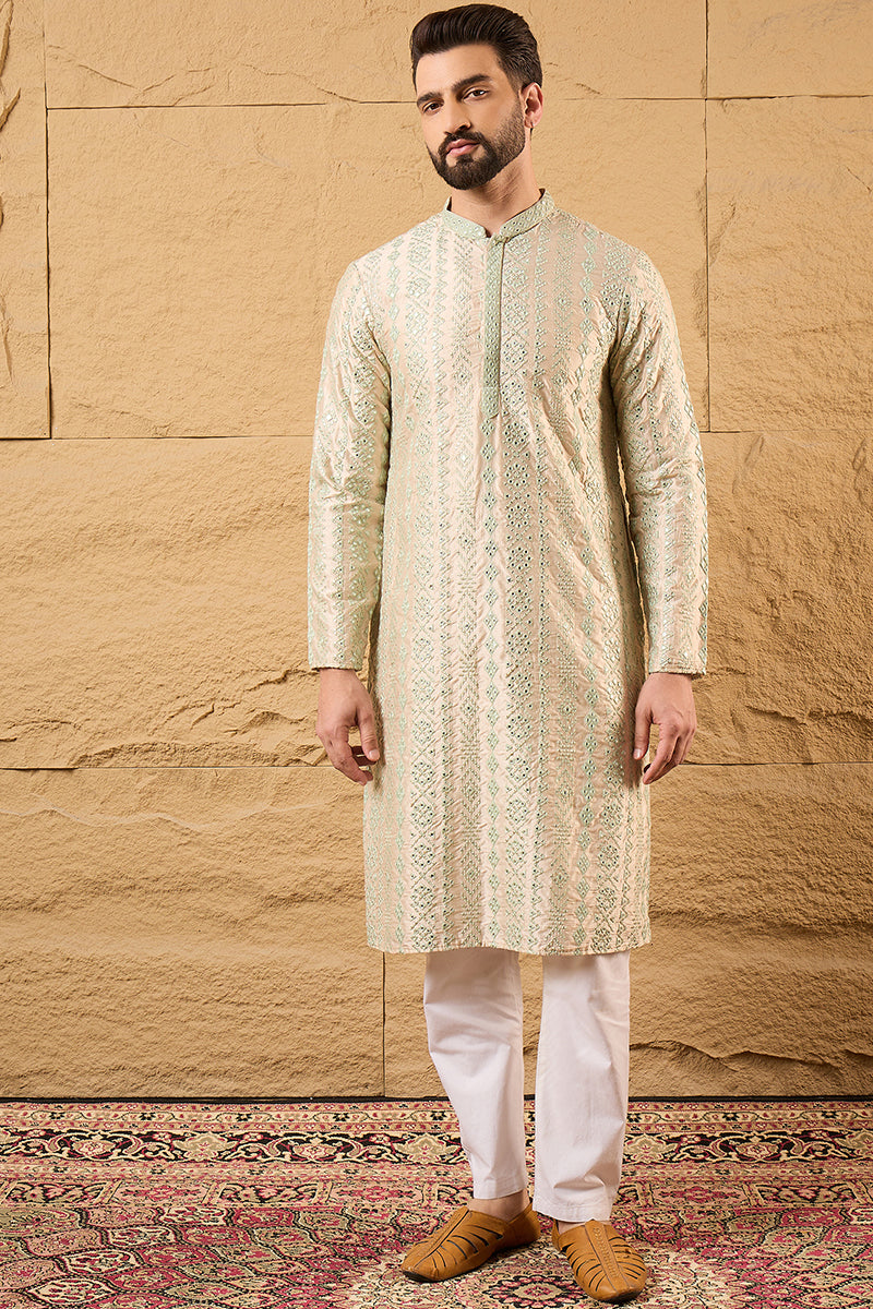 Off White Silk Blend Embroidered Mandarin Collar Straight Kurta MKU1127