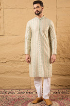 Off White Silk Blend Embroidered Mandarin Collar Straight Kurta MKU1127