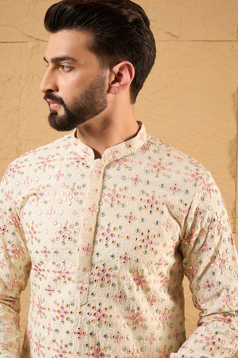 Off White Silk Blend Embroidered Mandarin Collar Straight Kurta MKU1130