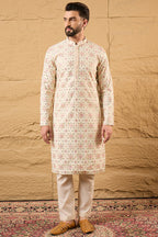 Off White Silk Blend Embroidered Mandarin Collar Straight Kurta MKU1130