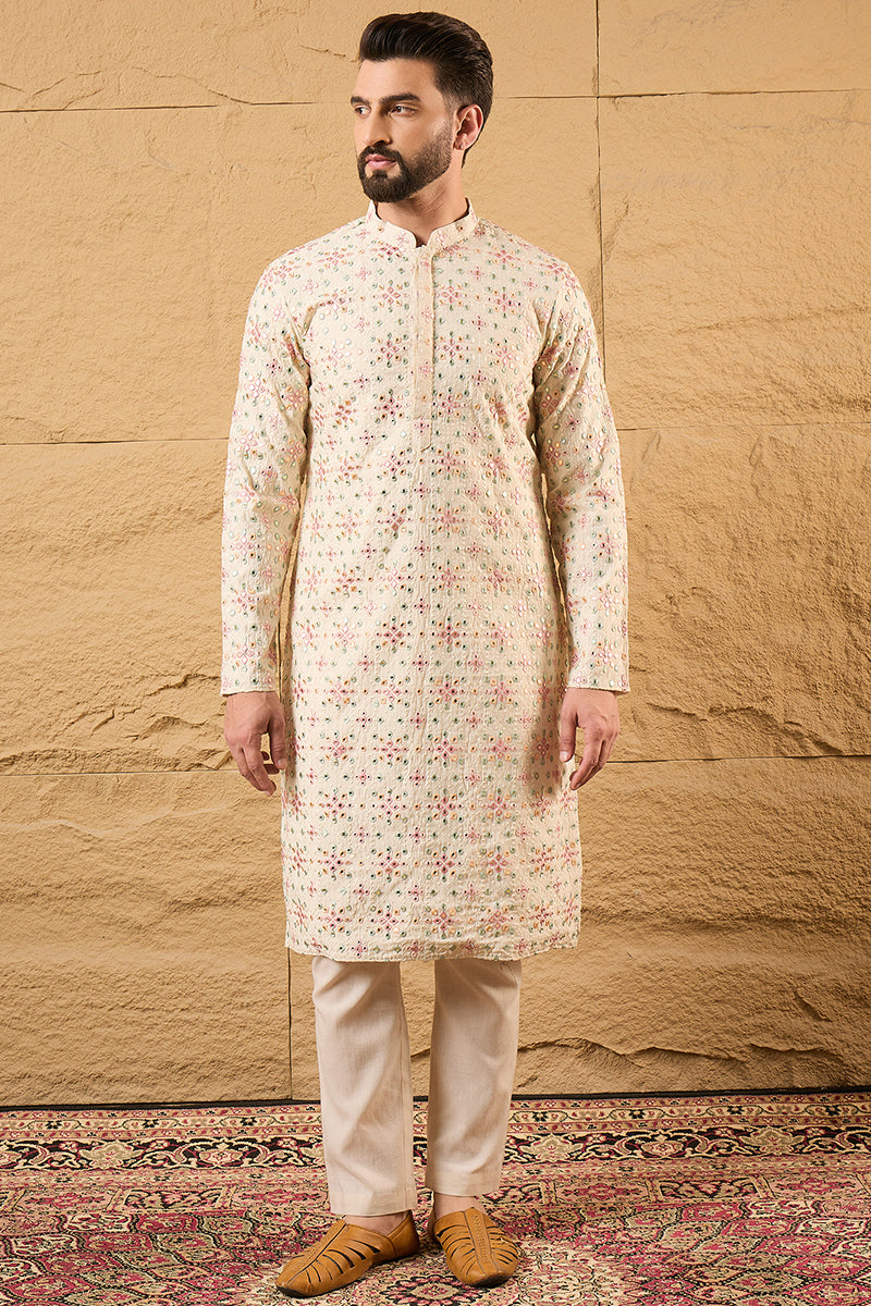 Off White Silk Blend Embroidered Mandarin Collar Straight Kurta MKU1130