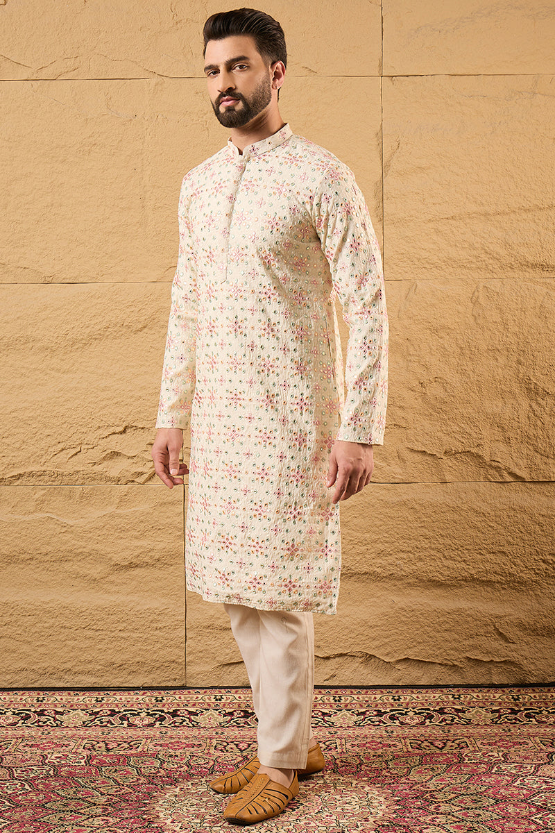 Off White Silk Blend Embroidered Mandarin Collar Straight Kurta MKU1130