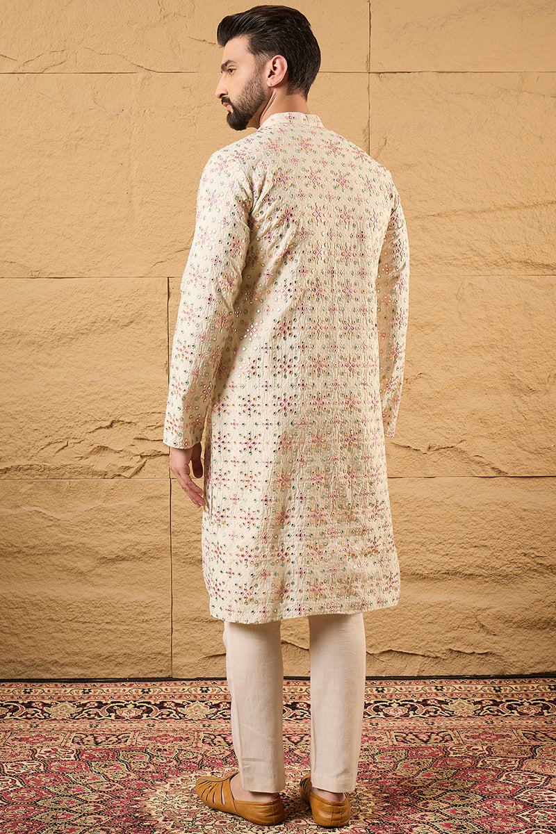 Off White Silk Blend Embroidered Mandarin Collar Straight Kurta MKU1130