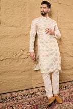 Off White Silk Blend Embroidered Mandarin Collar Straight Kurta MKU1130