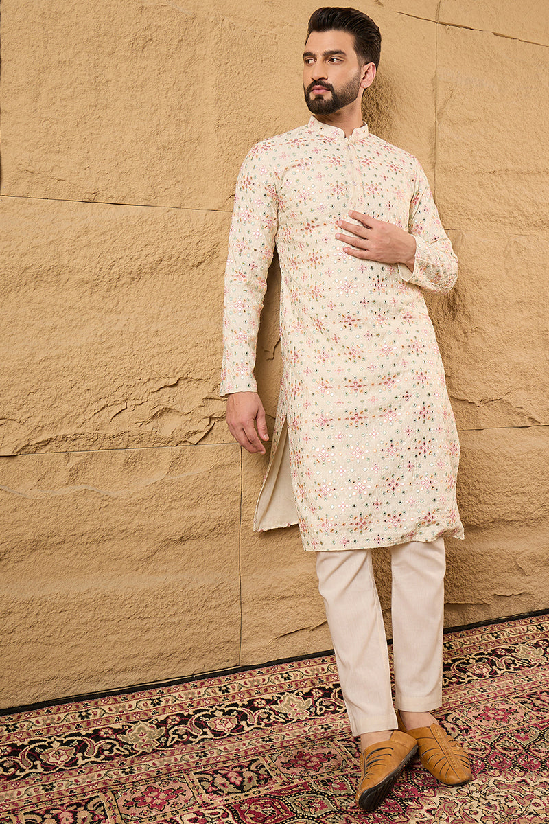 Off White Silk Blend Embroidered Mandarin Collar Straight Kurta MKU1130