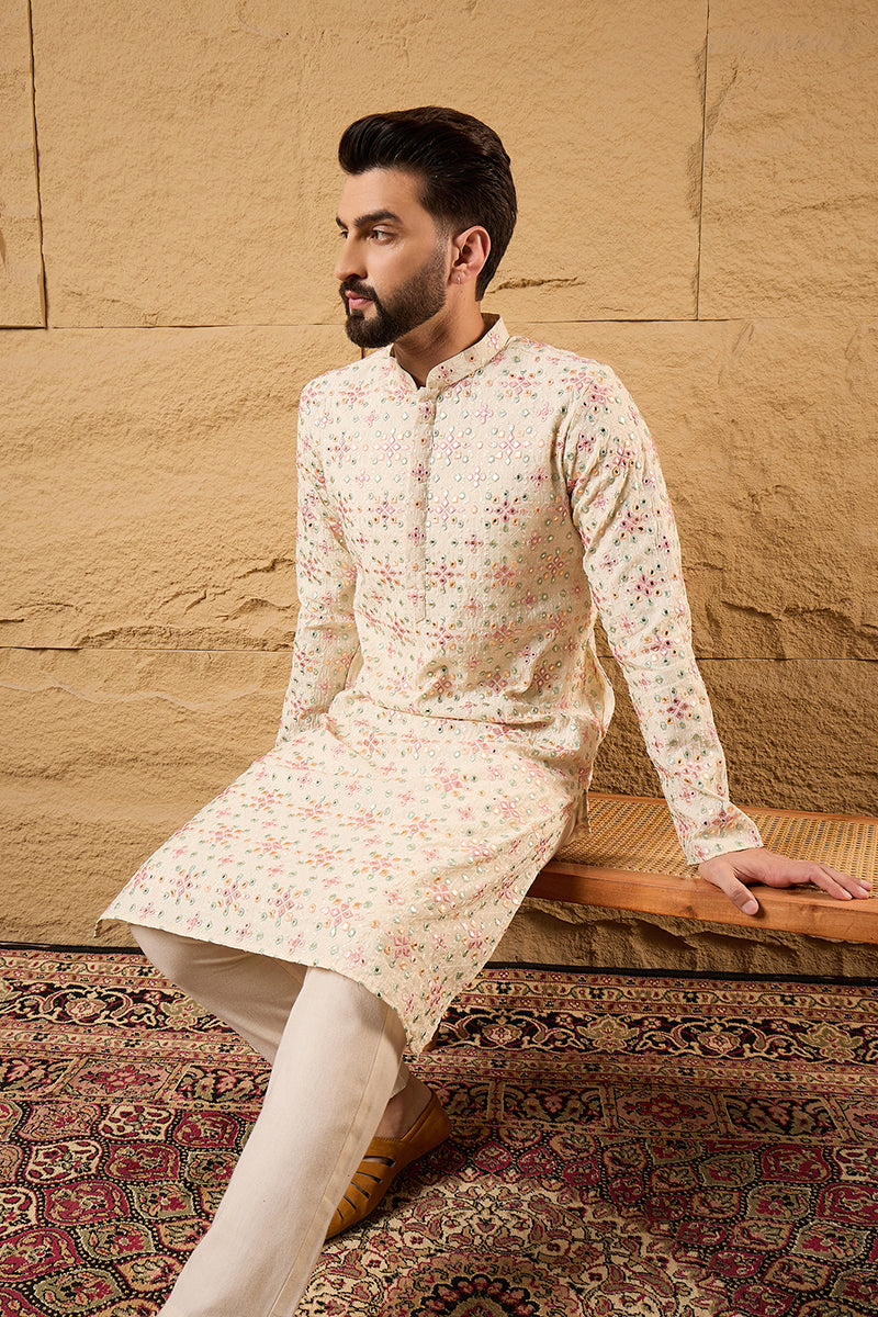 Off White Silk Blend Embroidered Mandarin Collar Straight Kurta MKU1130