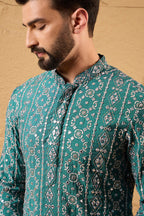 Blue Silk Embroidered Mandarin Collar Straight Kurta MKU1132