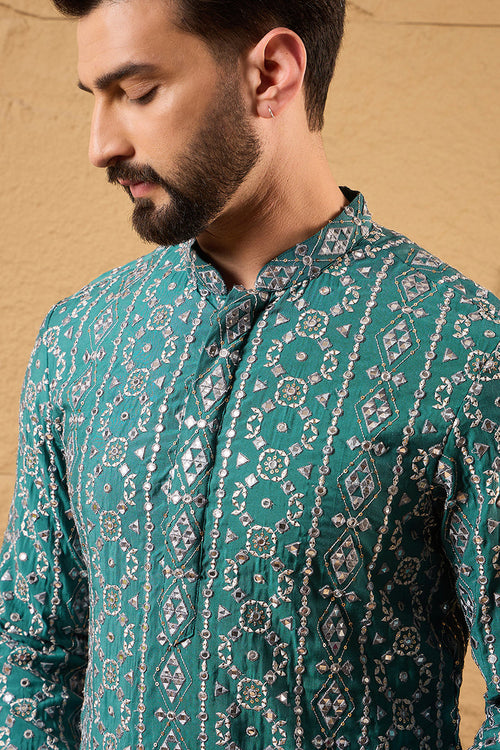 Blue Silk Embroidered Mandarin Collar Straight Kurta MKU1132