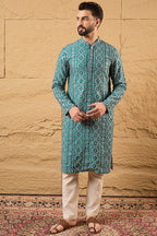 Blue Silk Embroidered Mandarin Collar Straight Kurta MKU1132