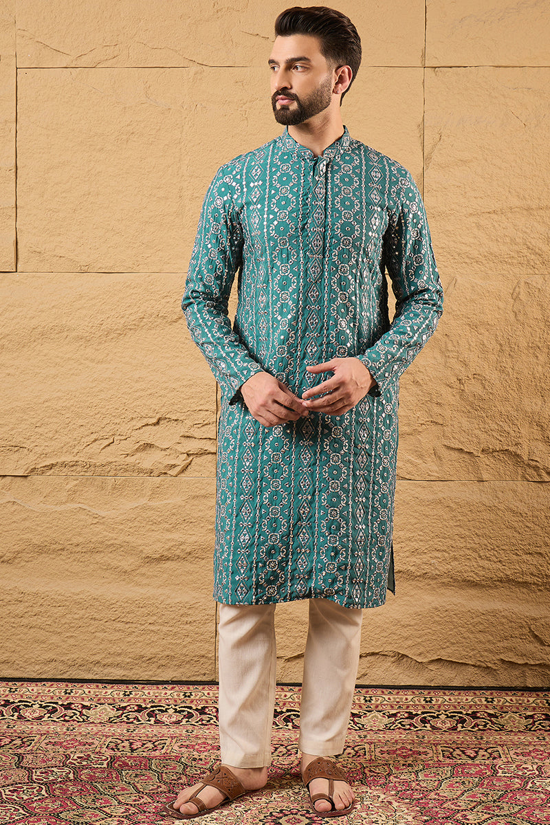 Blue Silk Embroidered Mandarin Collar Straight Kurta MKU1132
