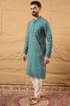 Blue Silk Embroidered Mandarin Collar Straight Kurta MKU1132