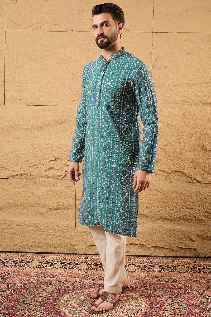 Blue Silk Embroidered Mandarin Collar Straight Kurta MKU1132