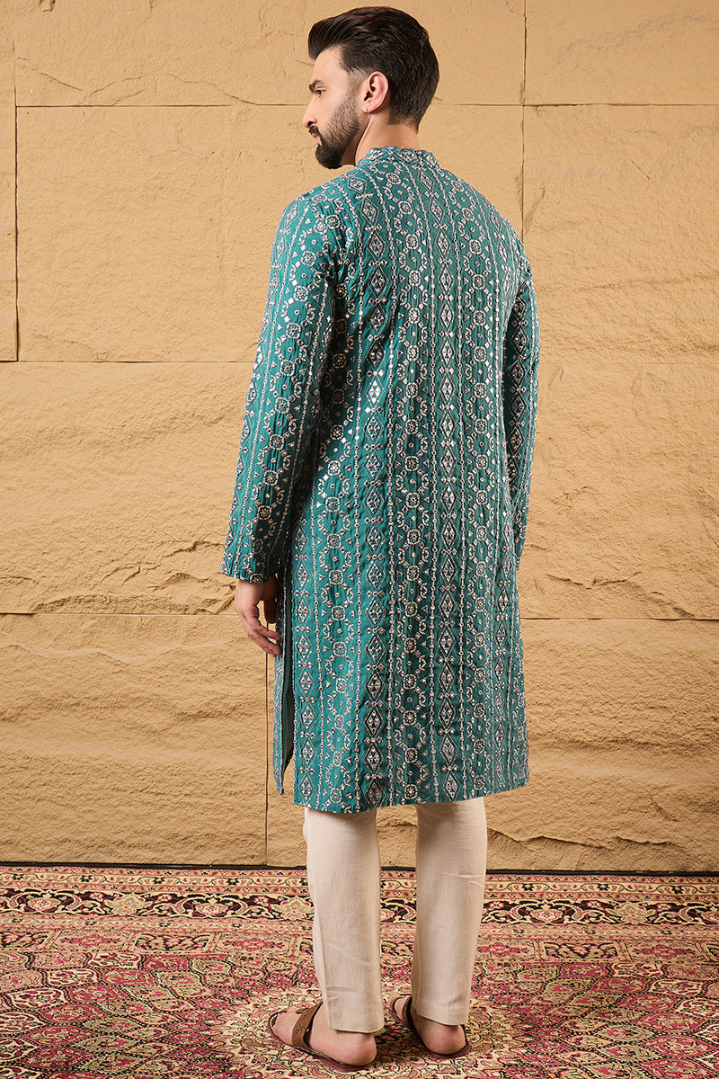 Blue Silk Embroidered Mandarin Collar Straight Kurta MKU1132