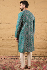Blue Silk Embroidered Mandarin Collar Straight Kurta MKU1132