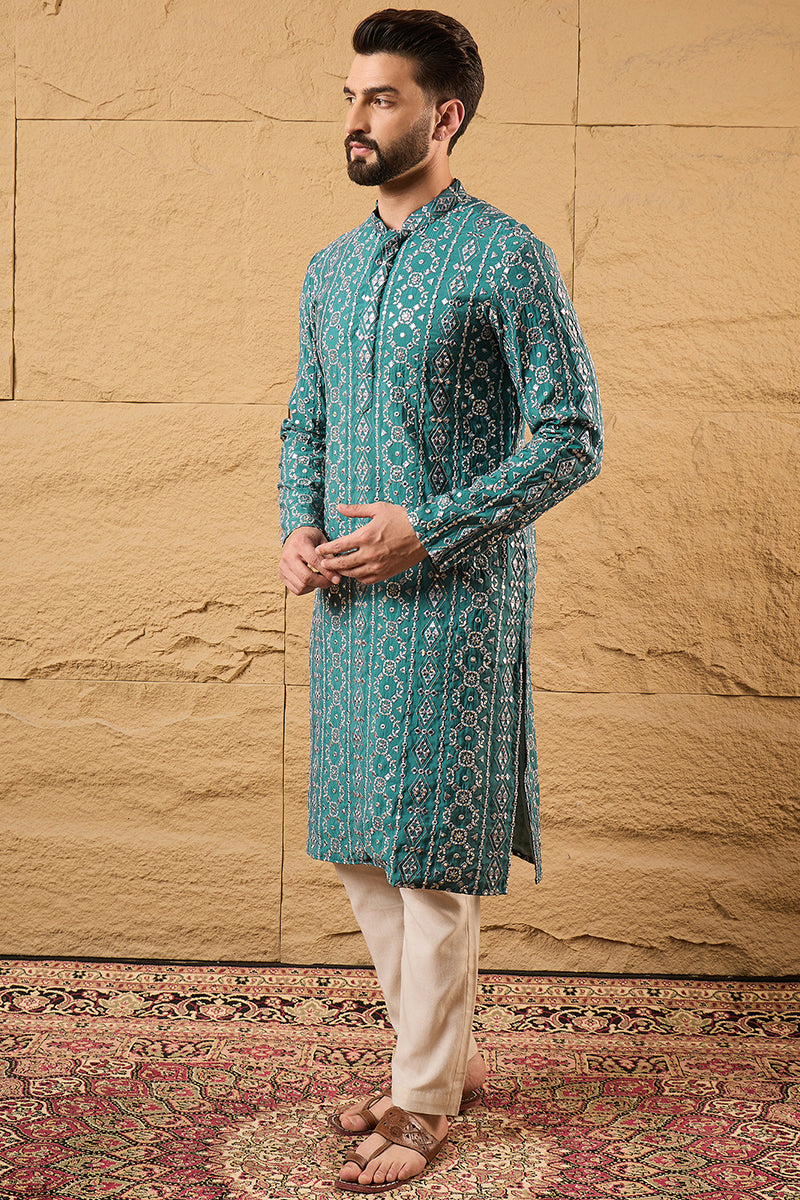 Blue Silk Embroidered Mandarin Collar Straight Kurta MKU1132