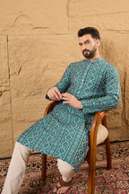 Blue Silk Embroidered Mandarin Collar Straight Kurta MKU1132