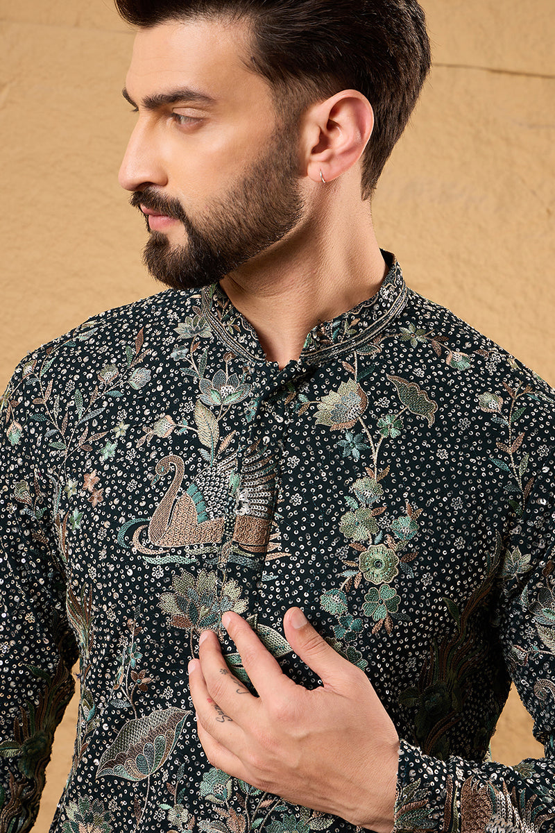 Green Georgette Embroidered Mandarin Collar Straight Kurta MKU1133
