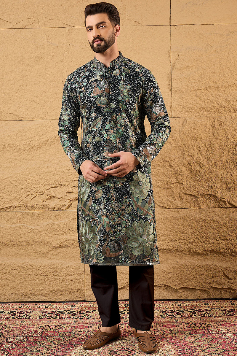 Green Georgette Embroidered Mandarin Collar Straight Kurta MKU1133