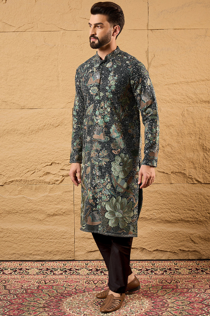 Green Georgette Embroidered Mandarin Collar Straight Kurta MKU1133