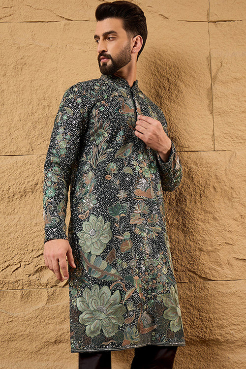 Green Georgette Embroidered Mandarin Collar Straight Kurta MKU1133