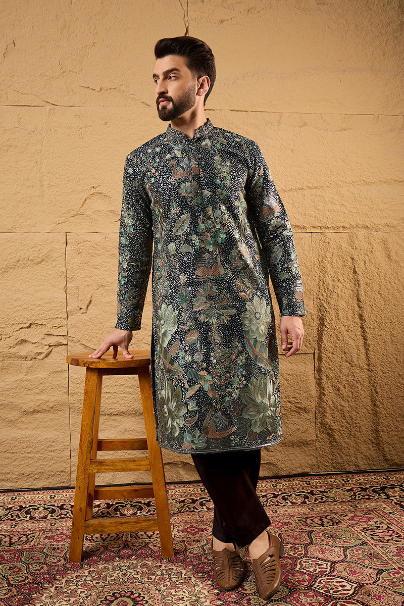 Green Georgette Embroidered Mandarin Collar Straight Kurta MKU1133