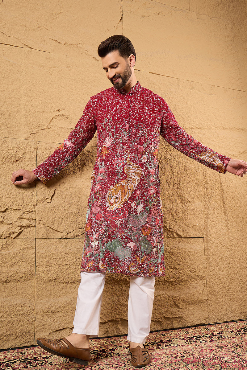 Red Georgette Embroidered Mandarin Collar Straight Kurta MKU1134
