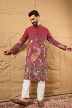 Red Georgette Embroidered Mandarin Collar Straight Kurta MKU1134