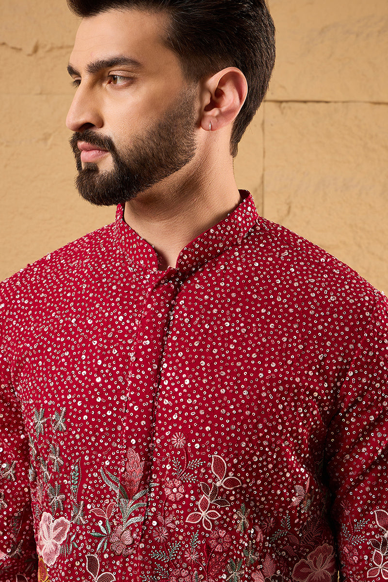 Red Georgette Embroidered Mandarin Collar Straight Kurta MKU1134