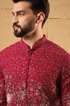 Red Georgette Embroidered Mandarin Collar Straight Kurta MKU1134