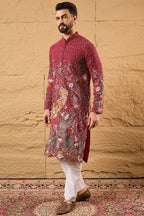 Red Georgette Embroidered Mandarin Collar Straight Kurta MKU1134