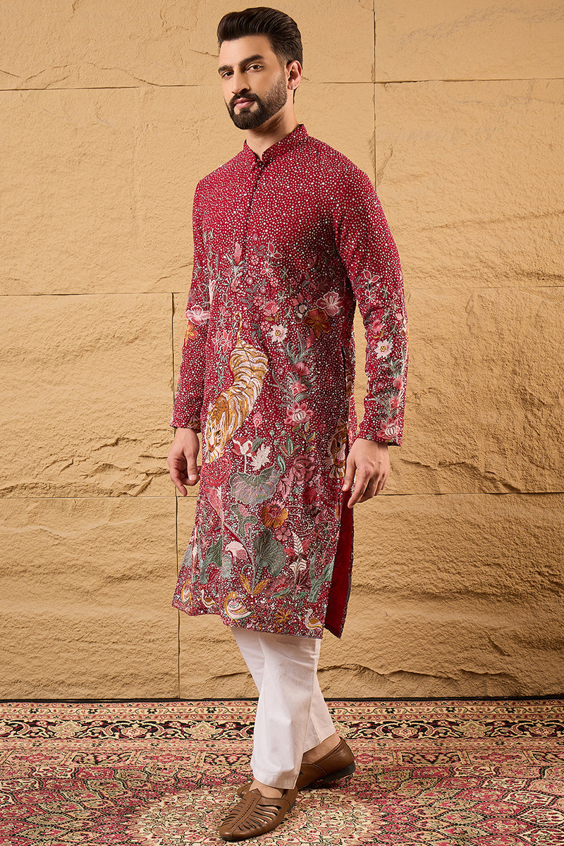 Red Georgette Embroidered Mandarin Collar Straight Kurta MKU1134