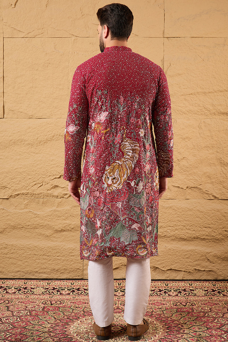 Red Georgette Embroidered Mandarin Collar Straight Kurta MKU1134