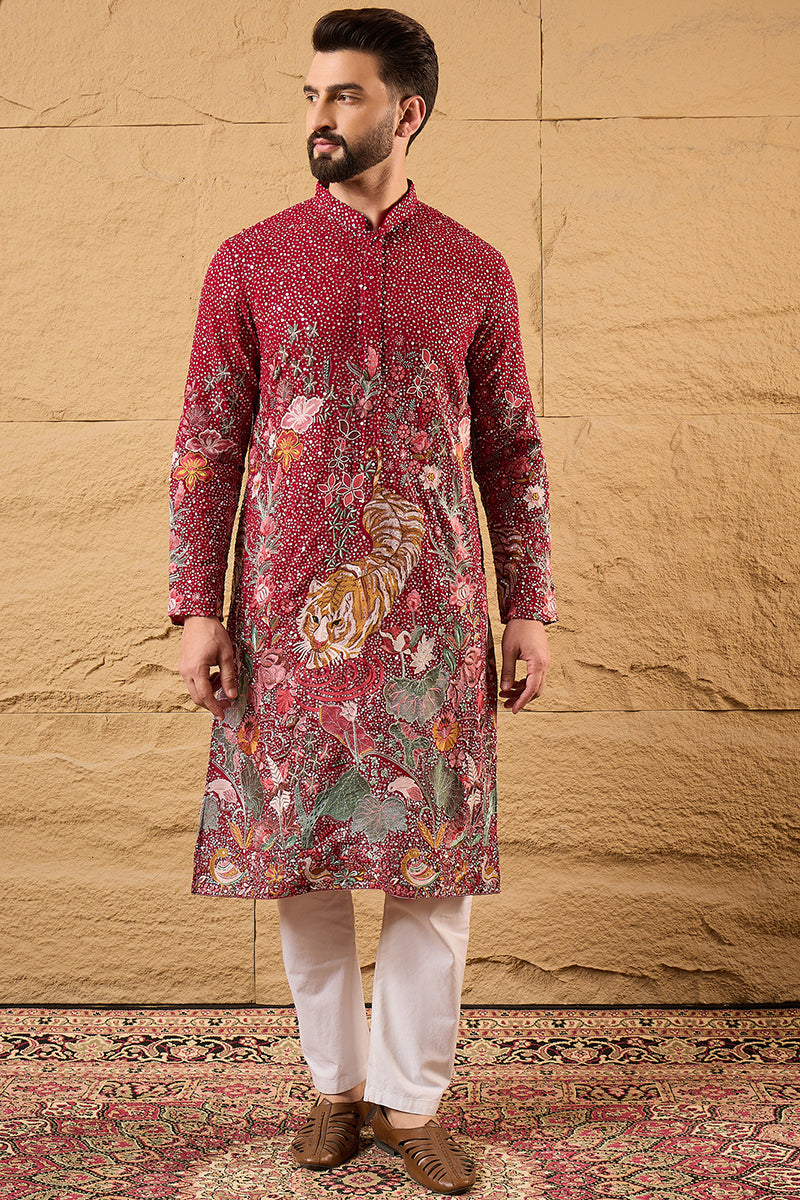 Red Georgette Embroidered Mandarin Collar Straight Kurta MKU1134