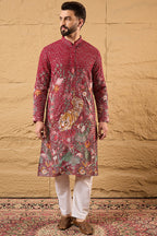 Red Georgette Embroidered Mandarin Collar Straight Kurta MKU1134
