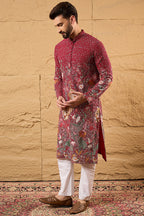 Red Georgette Embroidered Mandarin Collar Straight Kurta MKU1134
