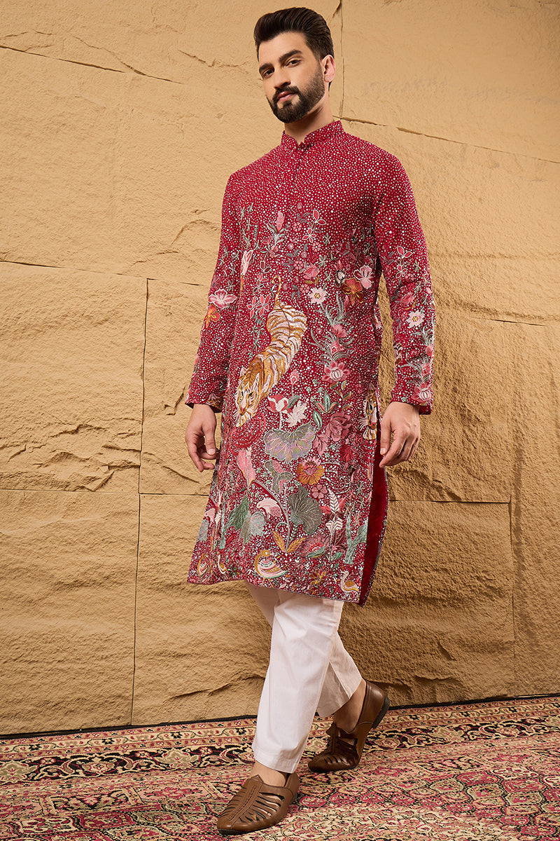 Red Georgette Embroidered Mandarin Collar Straight Kurta MKU1134
